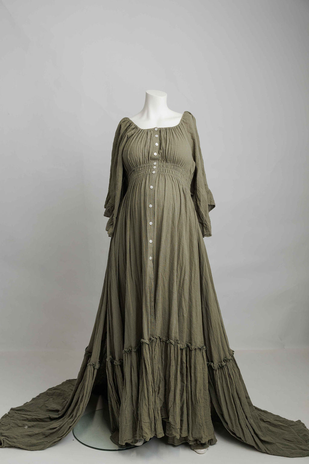 Olive Ruffle Me Open Reclamation Gown