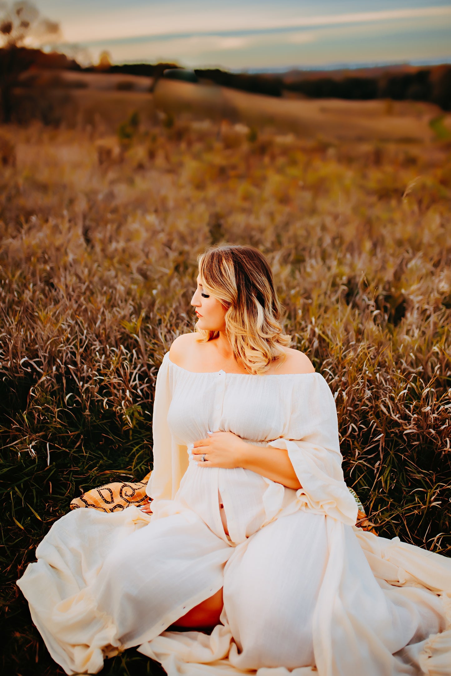 Ivory Ruffle Me Open Reclamation Gown - maternity photoshoot dress