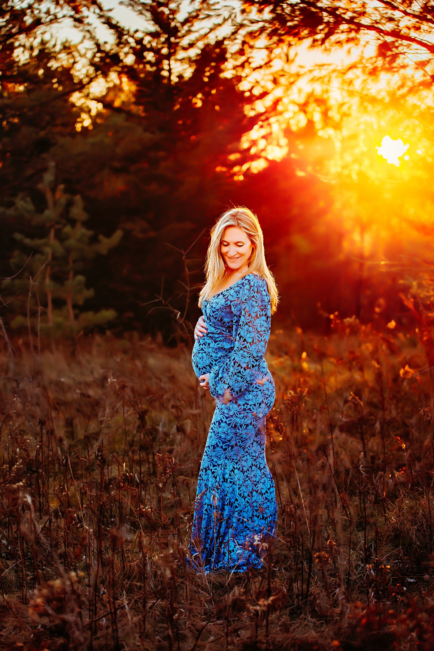 Denim Floral Fitted Maternity Gown - maternity photoshoot dress