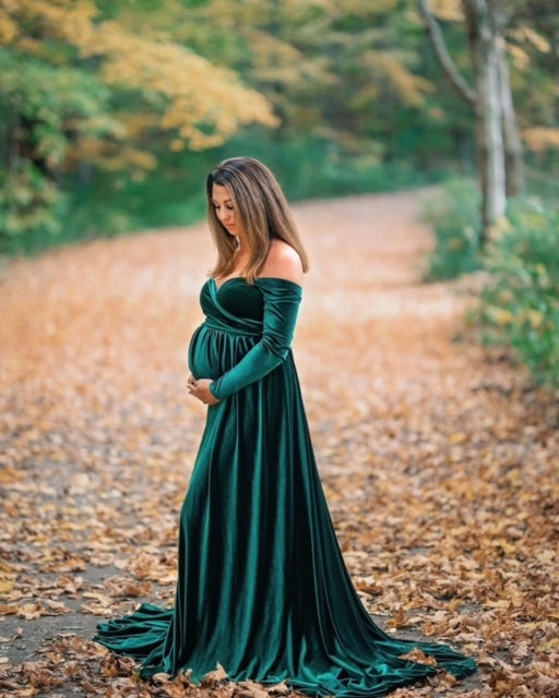 Green Velvet Maternity Gown - maternity photoshoot dress