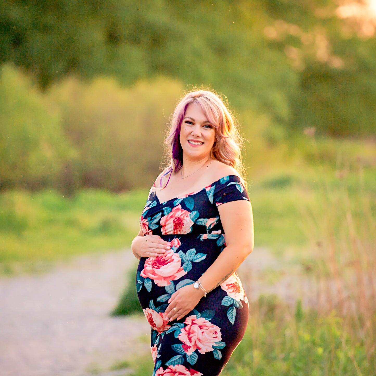 Black Pink Floral Fitted Gown - maternity photoshoot dress