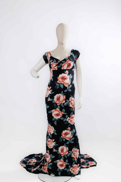 Black Pink Floral Fitted Gown