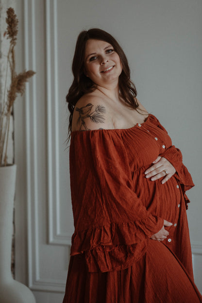 Rust Ruffle Me Open Reclamation Gown