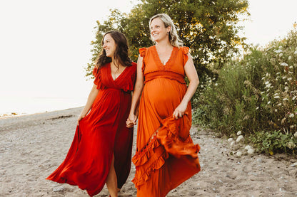 Rust Ruffle Maxi Dress -XL - maternity photoshoot dress
