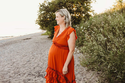 Rust Ruffle Maxi Dress -XL - maternity photoshoot dress
