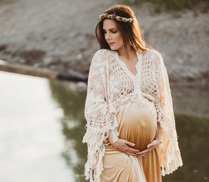 Crochet Velvet Boho Golden Gown - 