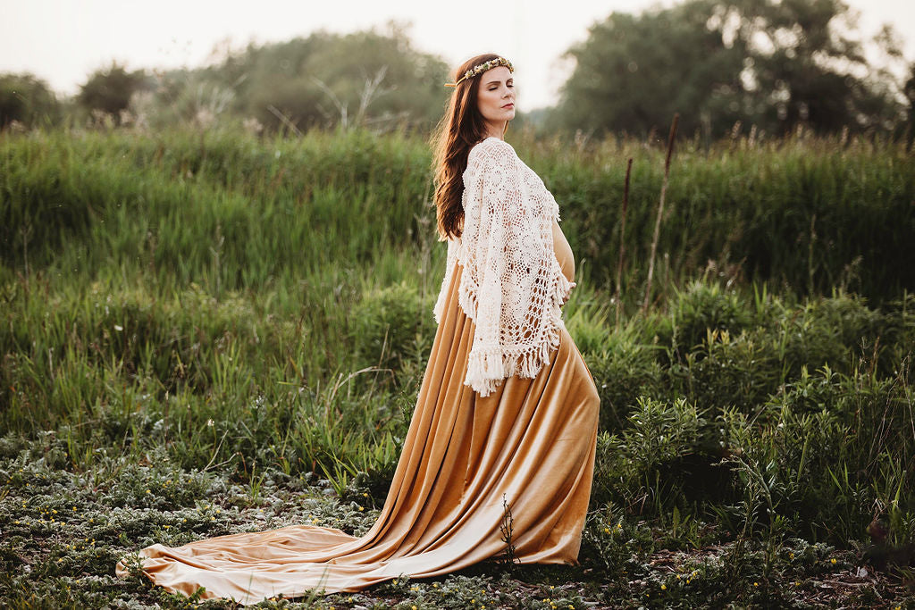 Crochet Velvet Boho Golden Gown - 