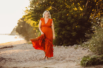 Rust Ruffle Maxi Dress -XL - maternity photoshoot dress