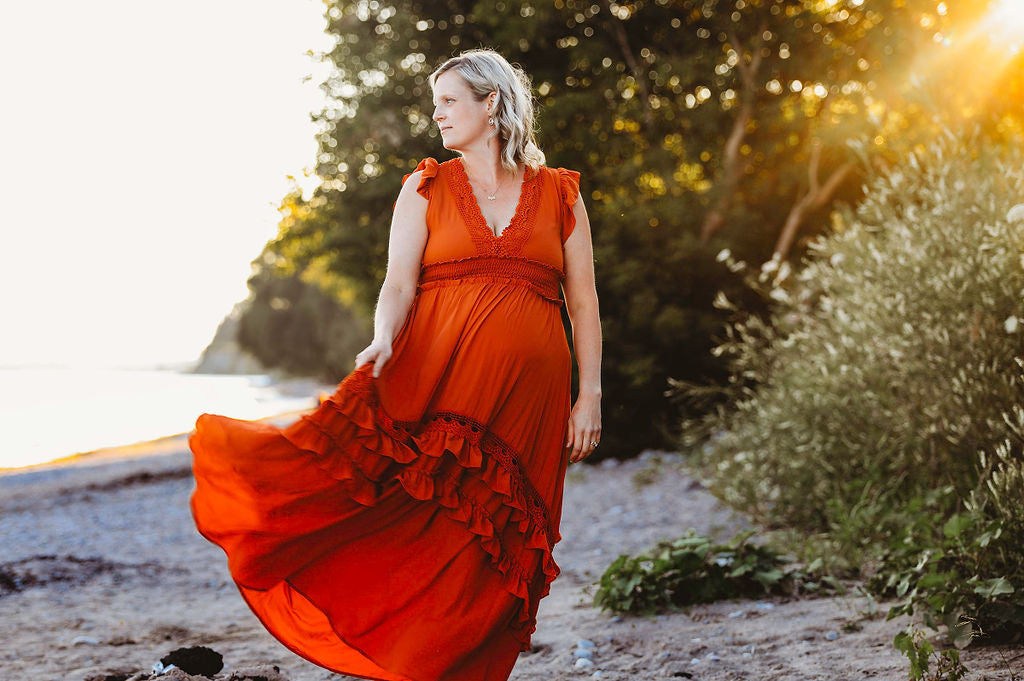 Rust Ruffle Maxi Dress -XL - maternity photoshoot dress