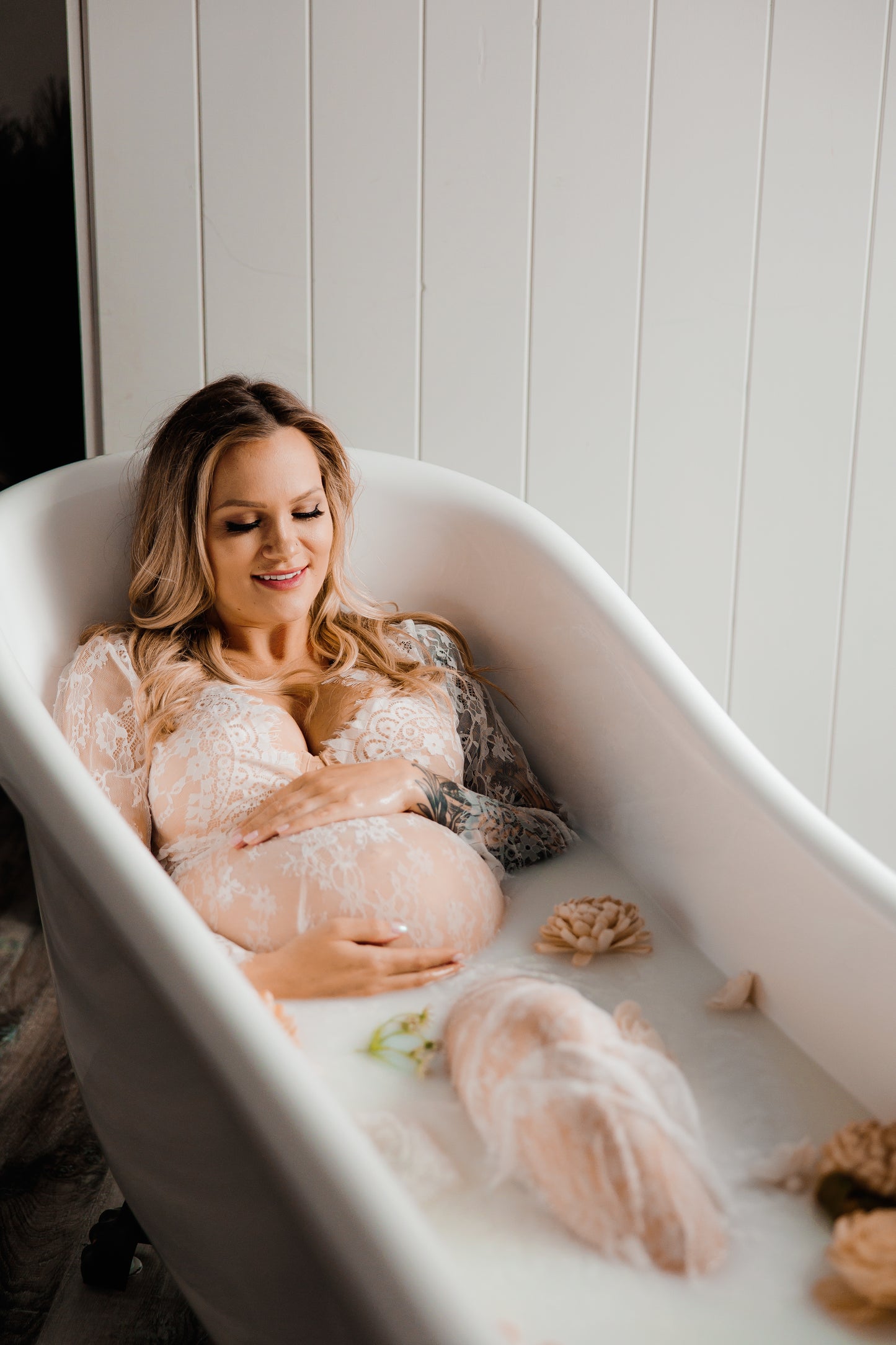 White Lace Milk Bath Gown - maternity photoshoot dress