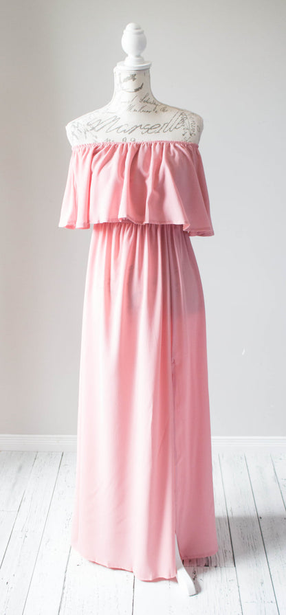 Pink Ruffle Off Shoulder Gown - 