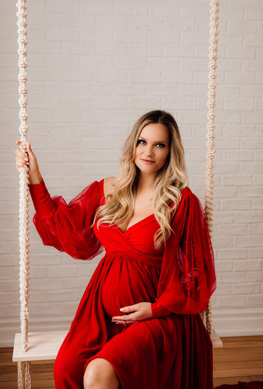 Red Ruffle two way Gown set - maternity photoshoot dress
