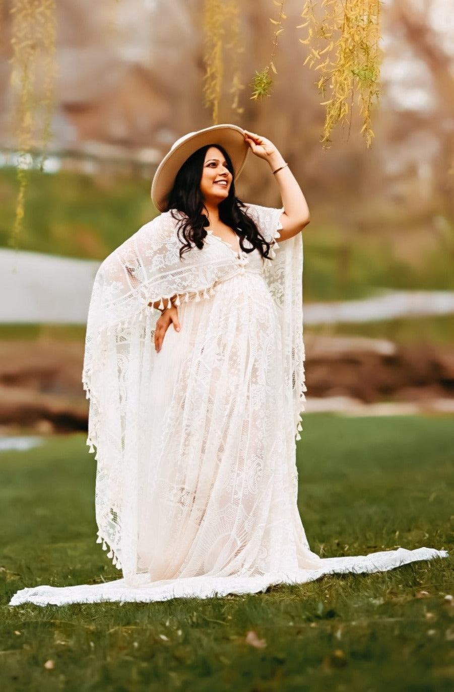 Boho Lace Maternity Gown with Tassels - maternity photoshoot dress