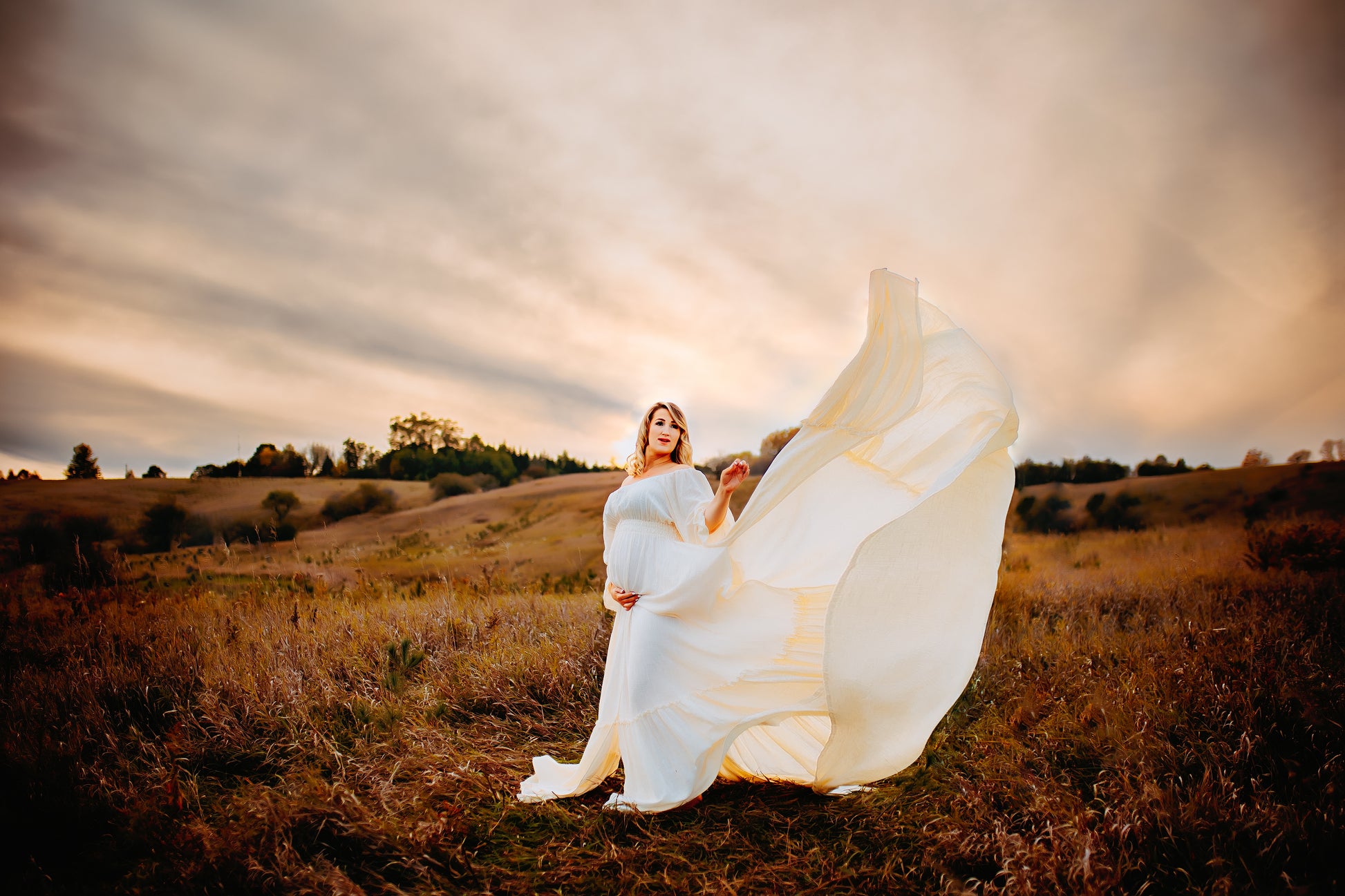 Ivory Ruffle Me Open Reclamation Gown - maternity photoshoot dress