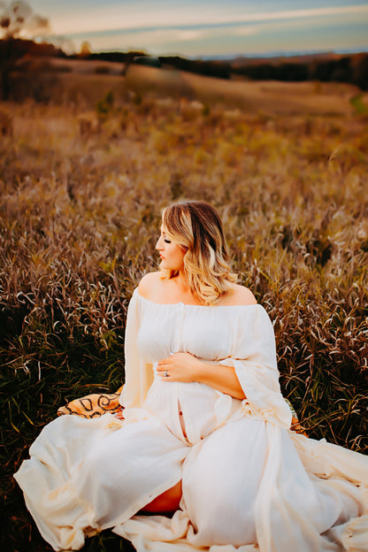 Ivory Ruffle Me Open Reclamation Gown - maternity photoshoot dress