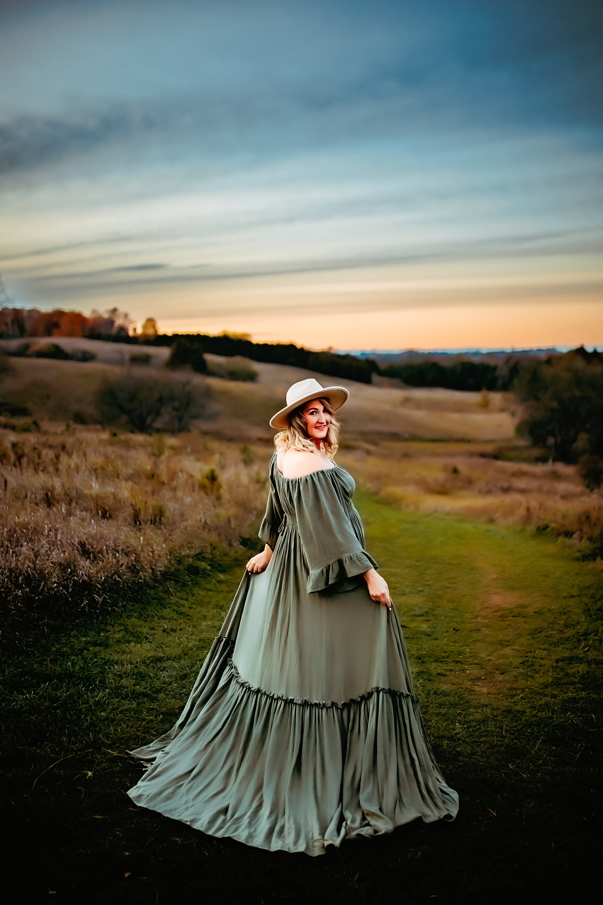 Olive Ruffle Me Open Reclamation Gown - maternity photoshoot dress