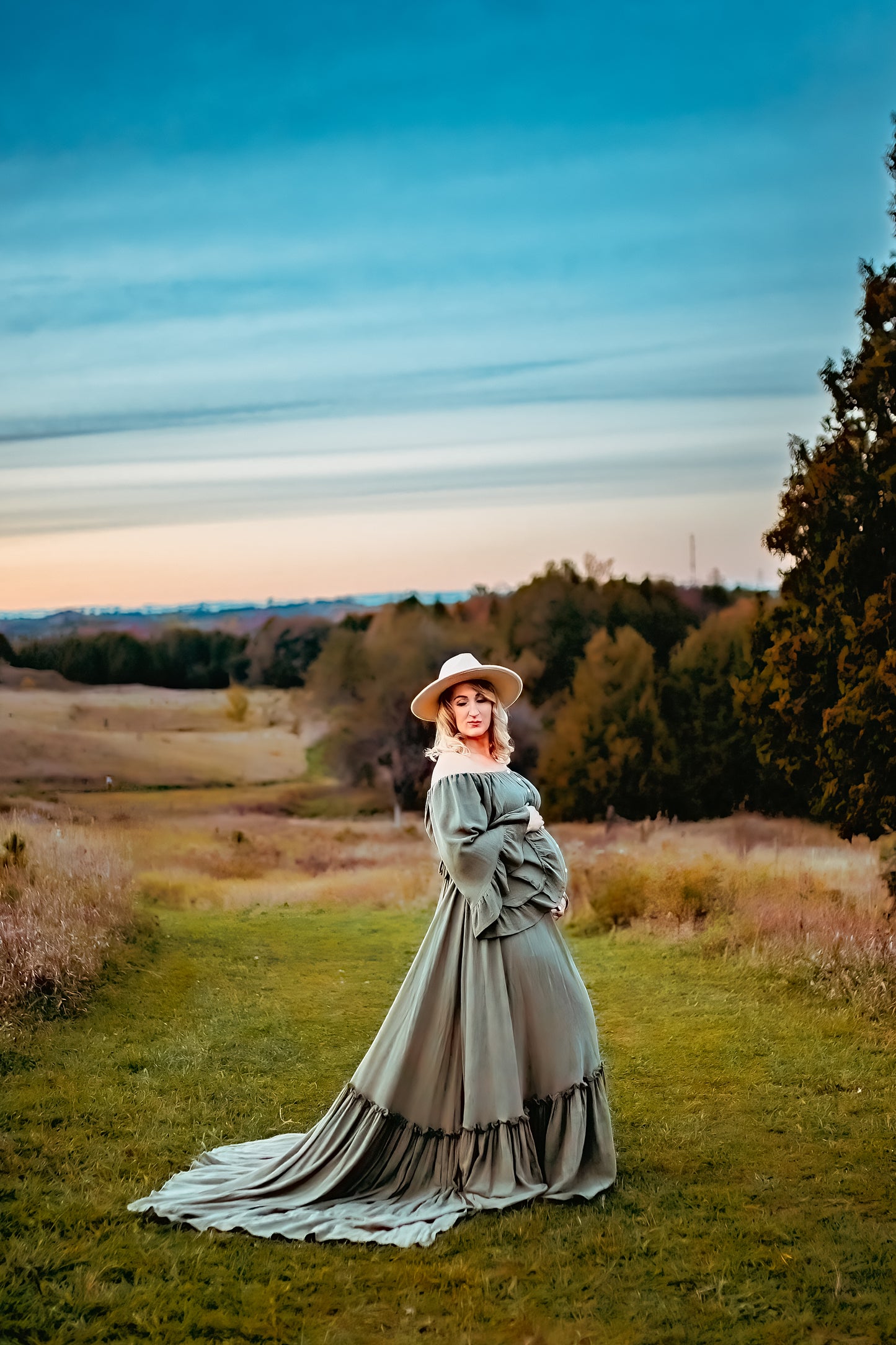 Olive Ruffle Me Open Reclamation Gown - maternity photoshoot dress