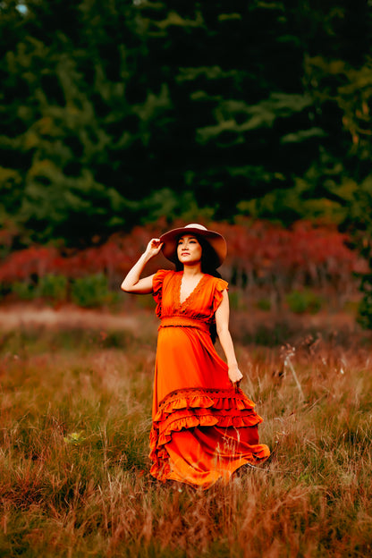 Rust Ruffle Maxi Dress -XL - maternity photoshoot dress