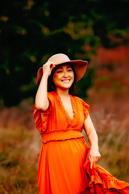 Rust Ruffle Maxi Dress -XL - maternity photoshoot dress