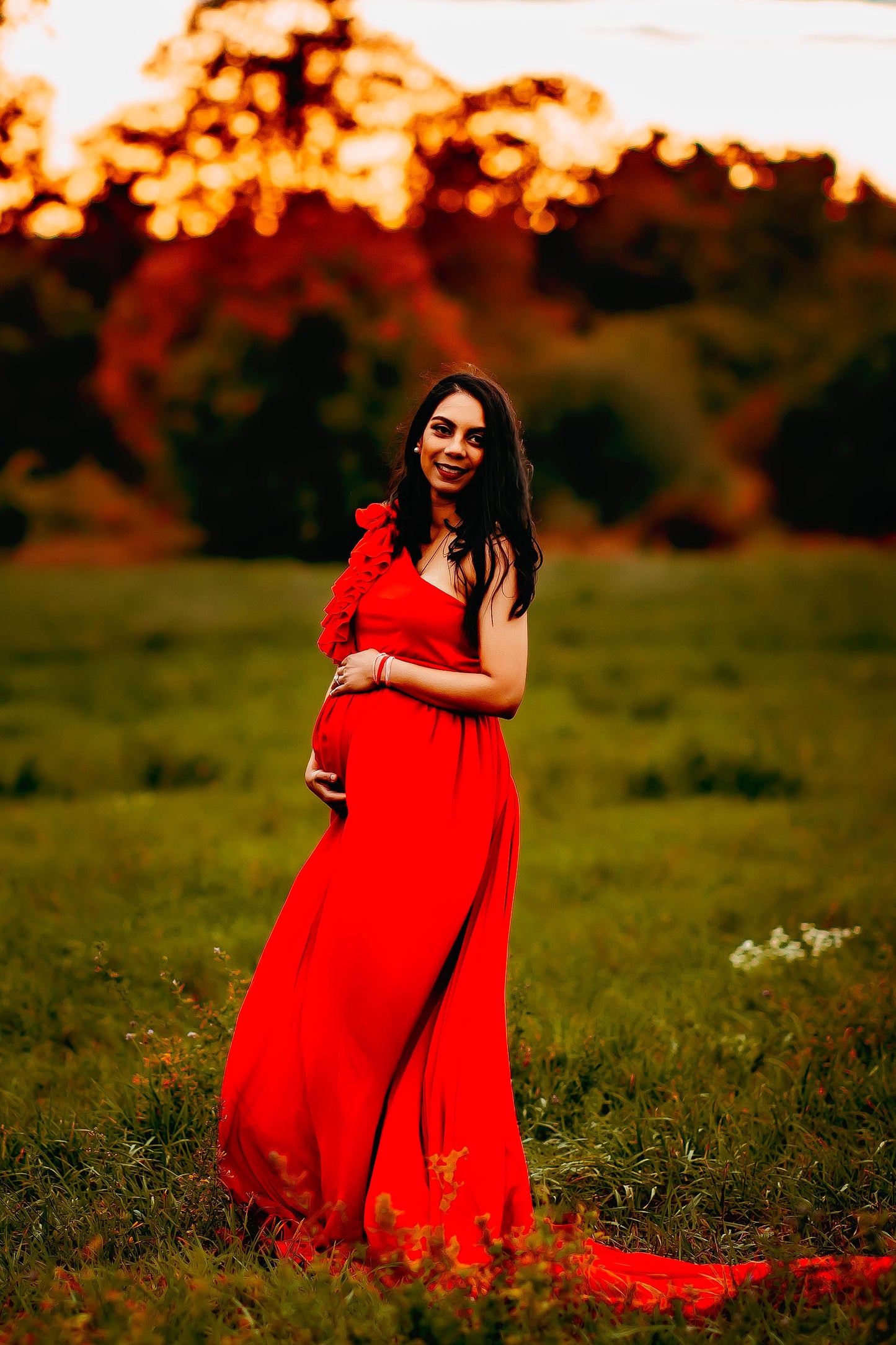 Red Ruffle two way Gown set - maternity photoshoot dress