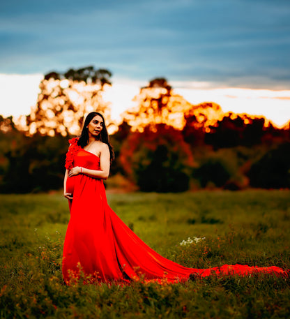 Red Ruffle two way Gown set - maternity photoshoot dress