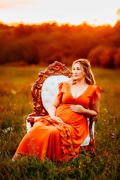 Rust Ruffle Maxi Dress -XL - maternity photoshoot dress