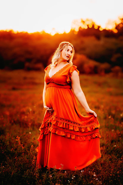 Rust Ruffle Maxi Dress -XL - maternity photoshoot dress