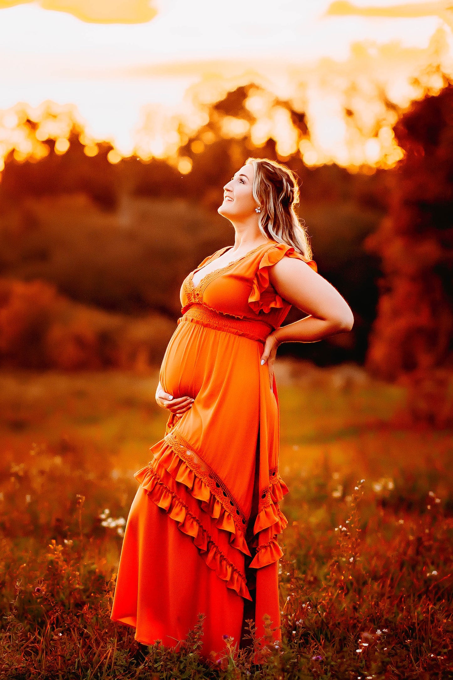 Rust Ruffle Maxi Dress -XL - maternity photoshoot dress