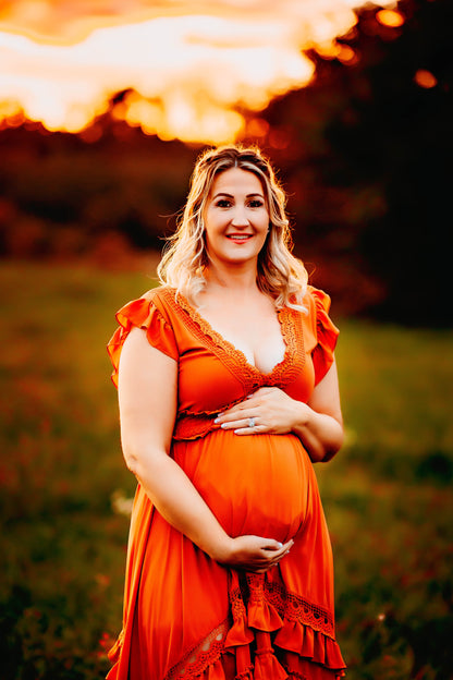 Rust Ruffle Maxi Dress -XL - maternity photoshoot dress