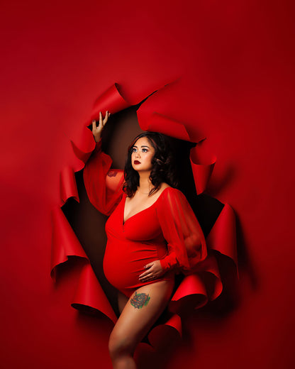 Red Ruffle two way Gown set - maternity photoshoot dress