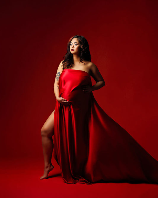 Red Satin Tossing Fabric - maternity photoshoot dress
