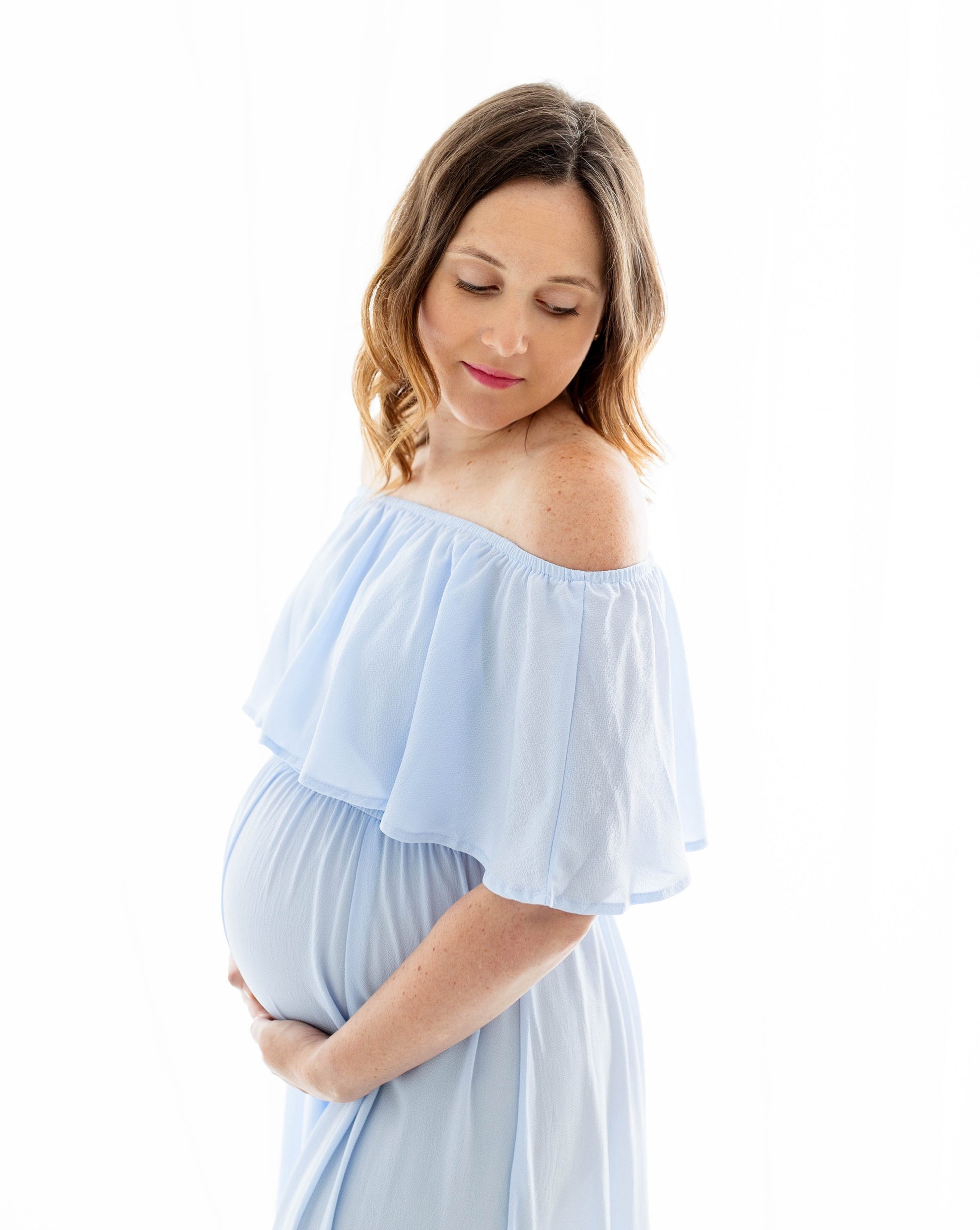 Light Blue Ruffle Off Shoulder Gown - maternity photoshoot dress