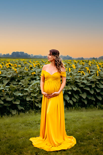 Mustard Yellow Flowy Gown - maternity photoshoot dress