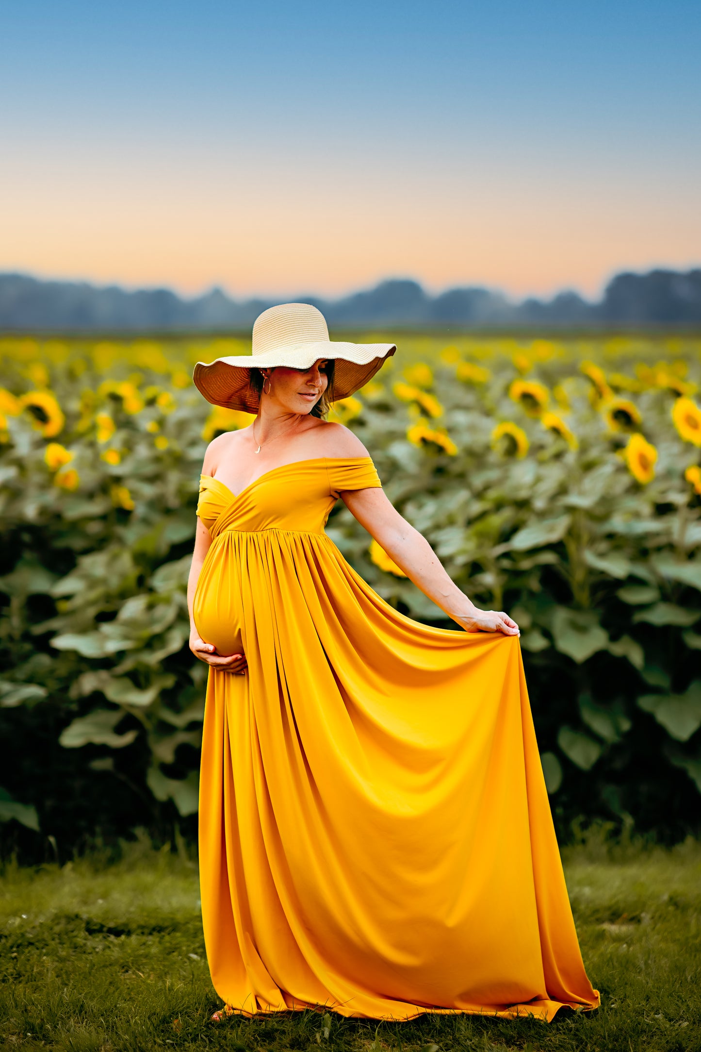 Mustard Yellow Flowy Gown - maternity photoshoot dress