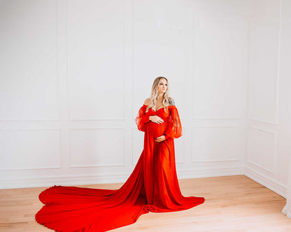Red Ruffle two way Gown set - maternity photoshoot dress