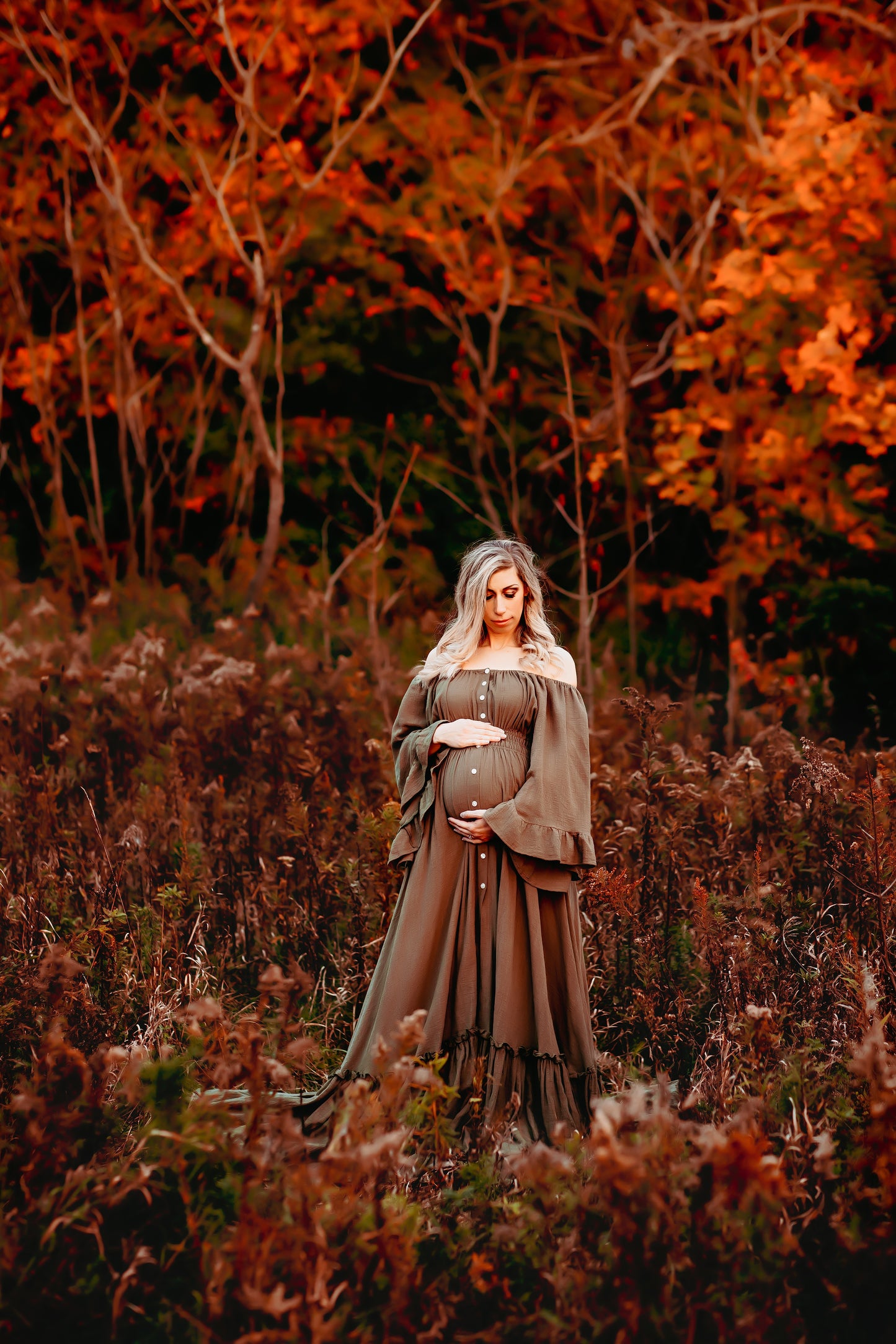 Olive Ruffle Me Open Reclamation Gown - maternity photoshoot dress