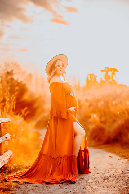 Rust Ruffle Me Open Reclamation Gown - maternity photoshoot dress