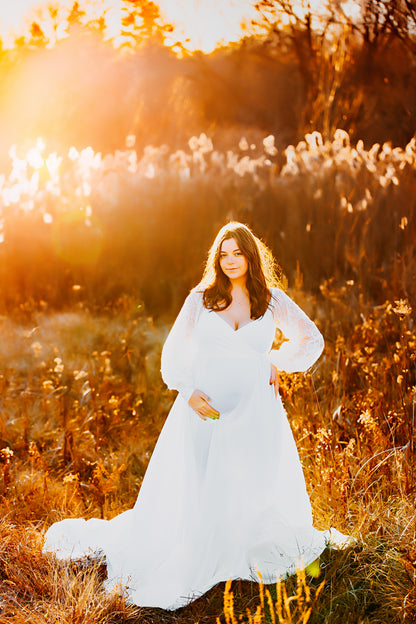 Ivory Clara Gown - lace sleeves - maternity photoshoot dress
