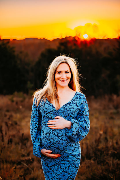 Denim Floral Fitted Maternity Gown - maternity photoshoot dress