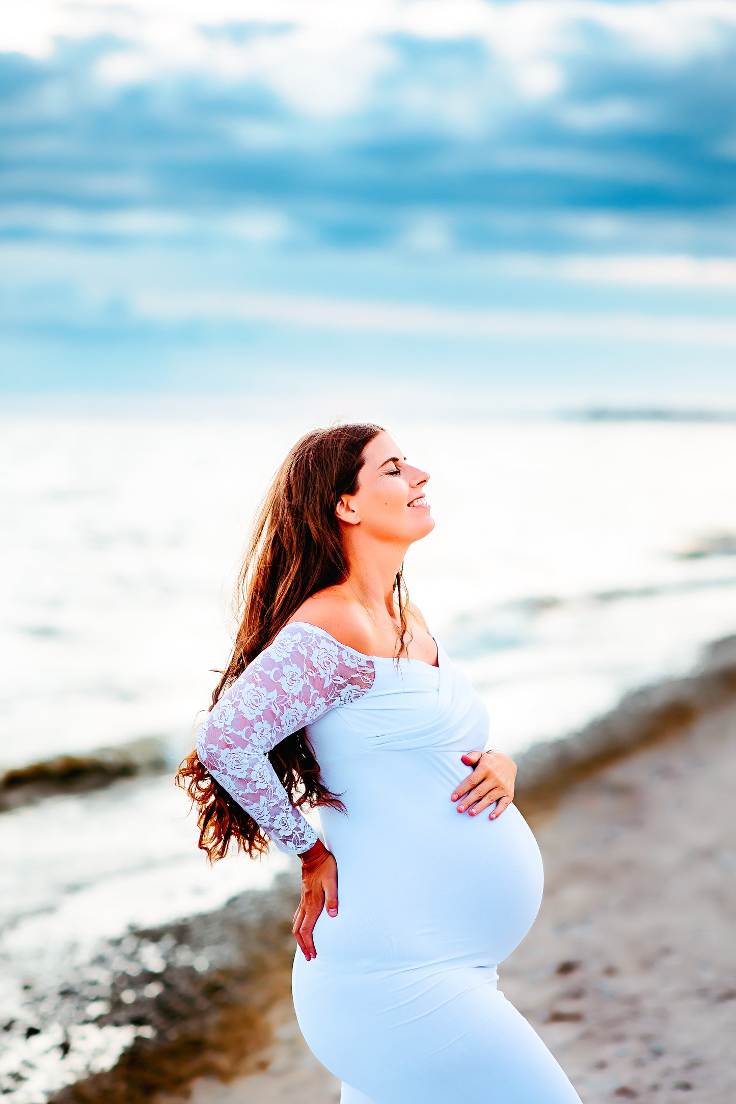 White Fitted Lace Sleeves - maternity photoshoot dress