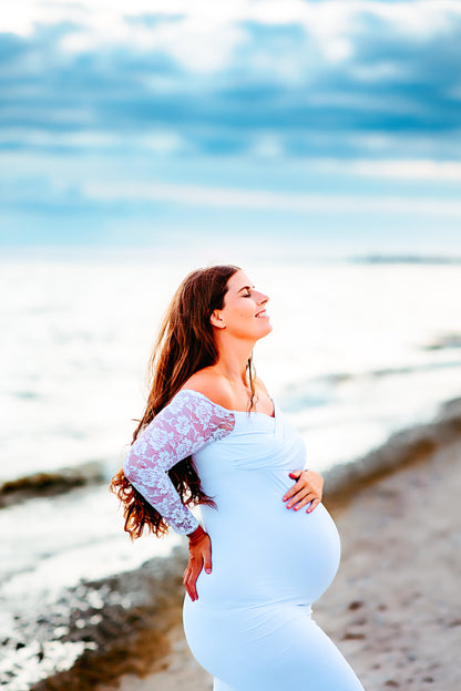 White Fitted Lace Sleeves - maternity photoshoot dress