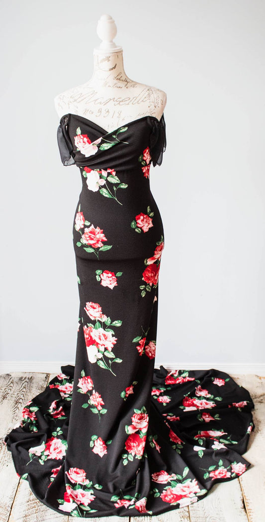 Black Floral Fitted Gown - maternity photoshoot dress