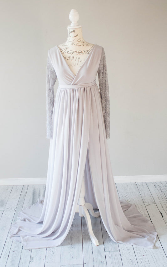 Light Gray Flowy Lace Sleeve Two Piece Gown - 