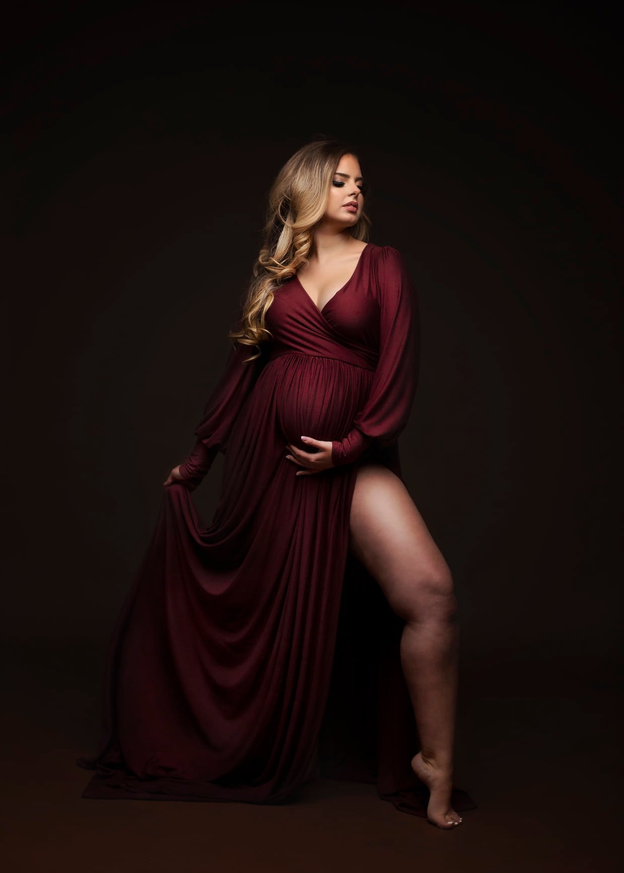 Burgundy Flowy Aletris Gown - maternity photoshoot dress