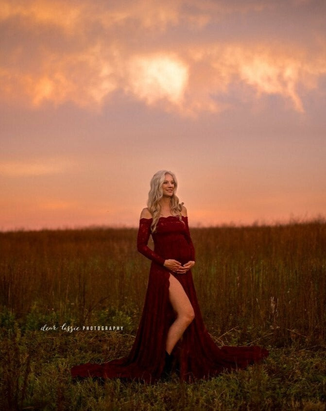 Burgundy Lace Aniela Gown - maternity photoshoot dress
