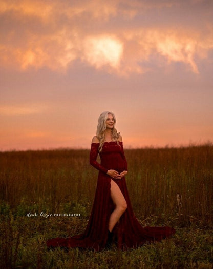Burgundy Lace Aniela Gown - maternity photoshoot dress