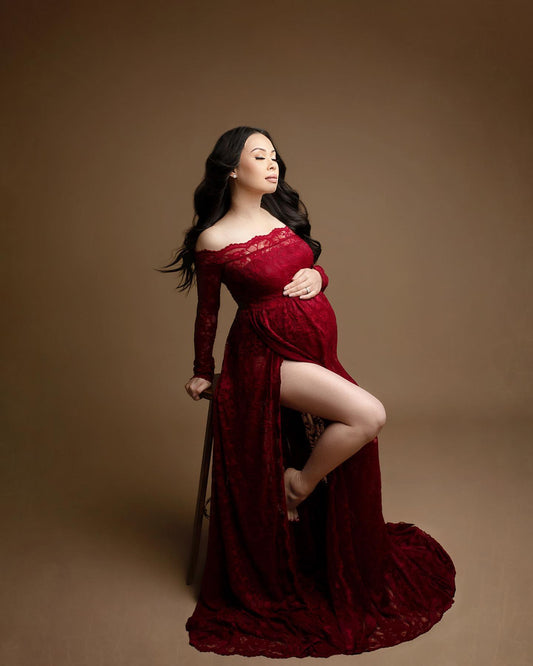Burgundy Lace Aniela Gown - maternity photoshoot dress