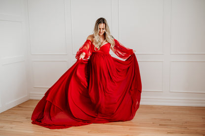 Red Ruffle two way Gown set - maternity photoshoot dress