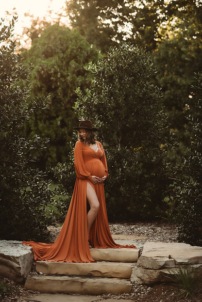 Rust Flowy Clara Gown - maternity photoshoot dress