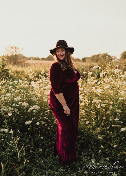 Mulberry Red Velvet Maxi Dress - XL - maternity photoshoot dress